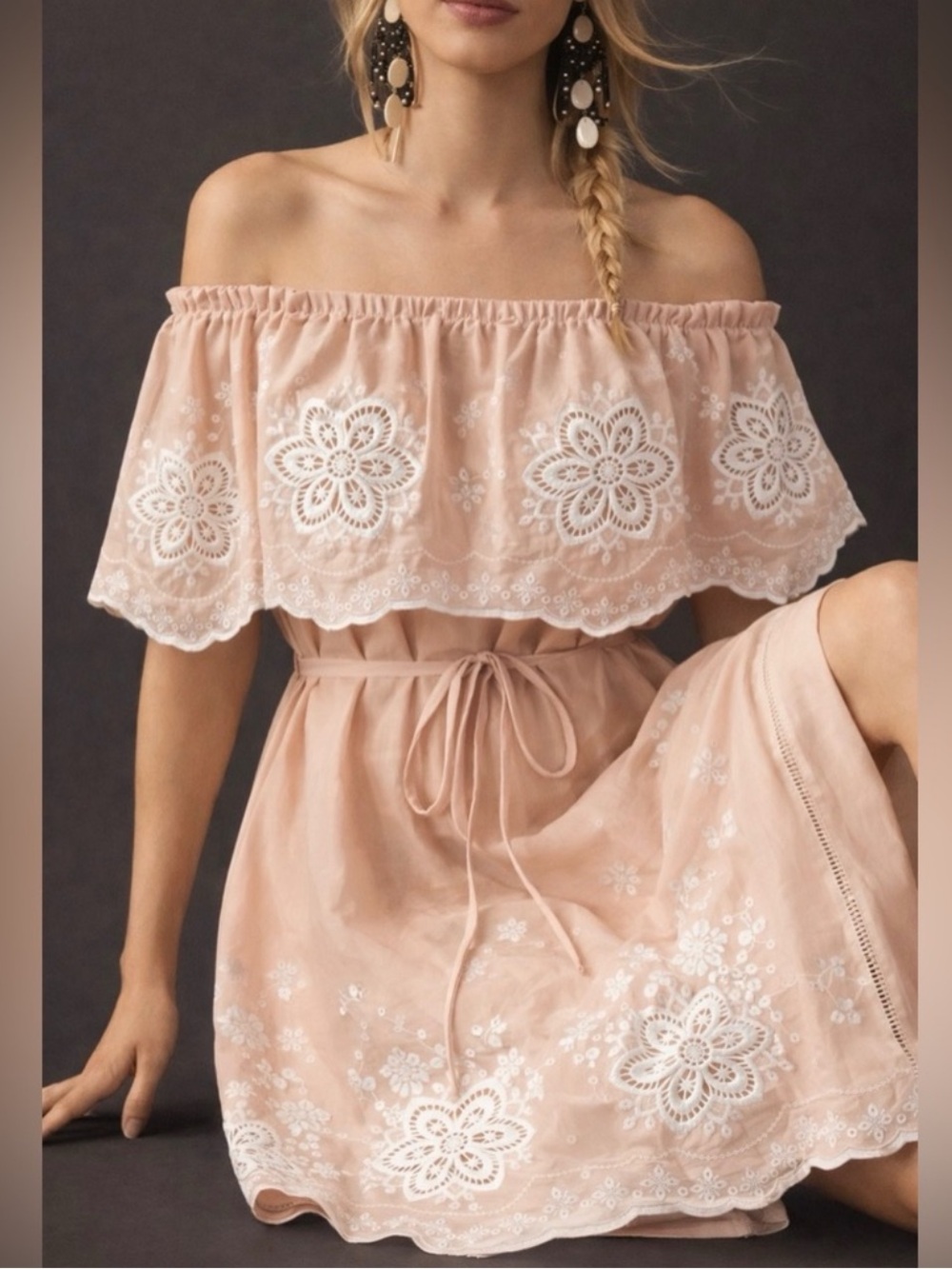 Anthropologie Blush Pink Off-Shoulder Embroidered Mini Dress